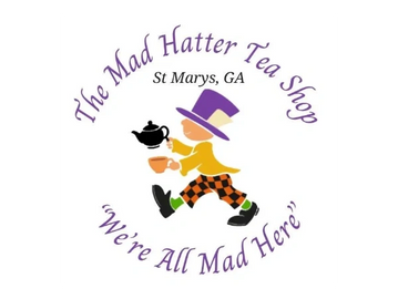 Mad Hatter Tea Shop Logo is a Mad Hatter carrying a pot of tea