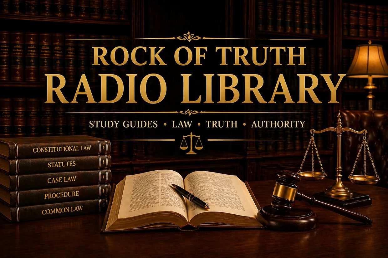 Law books and legal symbols with Rock of Truth Radio Library title.