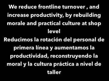 Bilingual text about improving productivity by rebuilding morale and culture at the shop level.