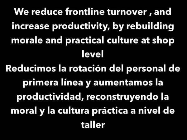 Bilingual text about improving productivity by rebuilding morale and culture at the shop level.