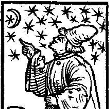 A medieval figure pointing at the moon and stars.