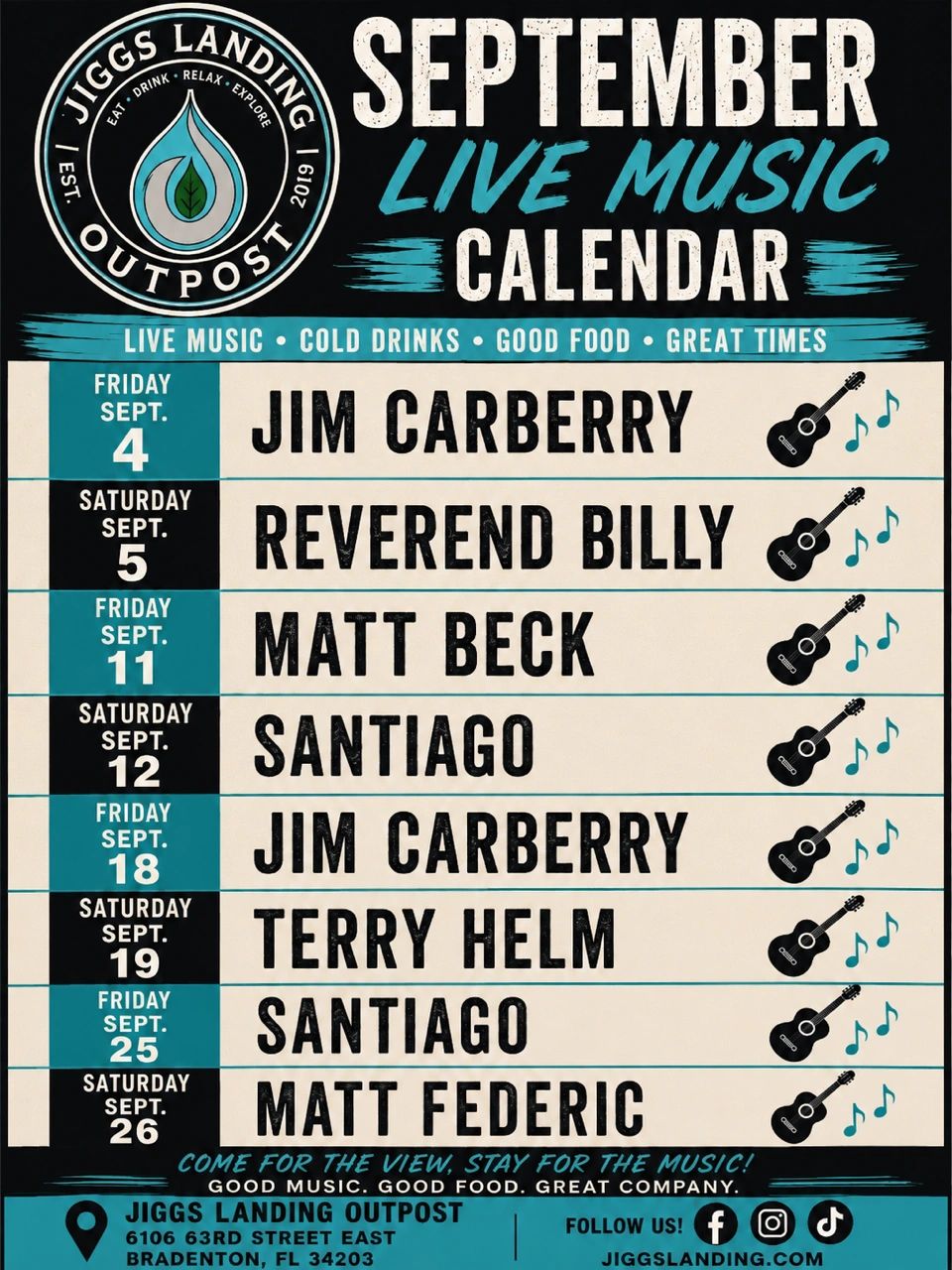 September live music calendar at Jiggs Landing Outpost.