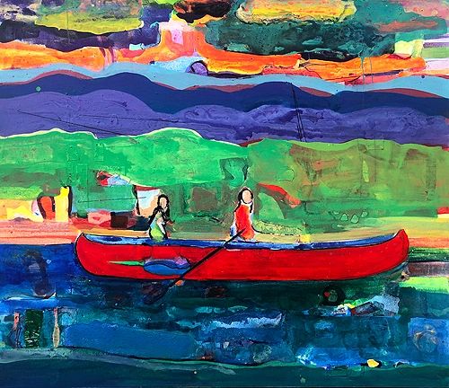 Red Canoe with two female Native Americans