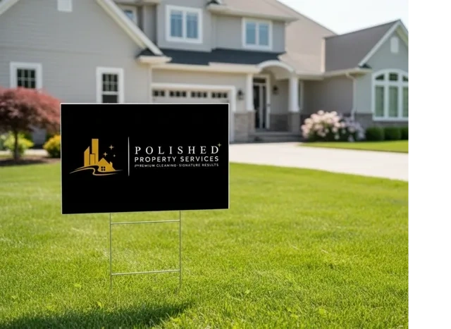 Lawn sign advertising Polished Property Services in front of a suburban home.