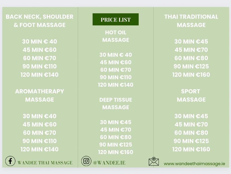 Wandee Thai Massage Price List