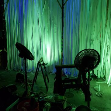 Room lit with green lights and two fans.
