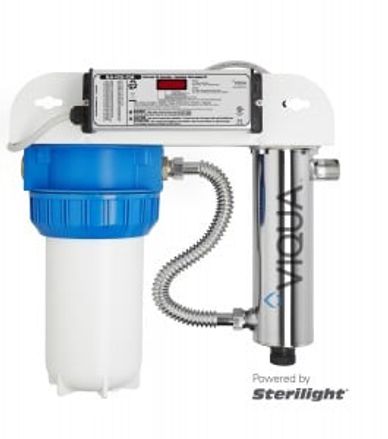 Compact water purification system with filter and Sterilight UV sterilizer.
