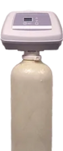 A digital water softener control valve on a mineral tank.