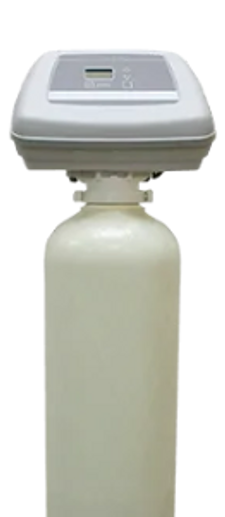 Water softener system with digital control panel on top of a large tank.