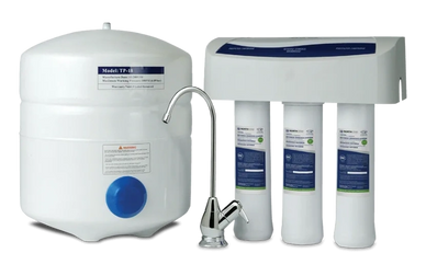 White reverse osmosis water purifier with three filters and a storage tank.