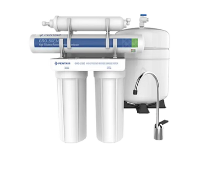 Modern reverse osmosis water filtration system with multiple filters and a faucet.