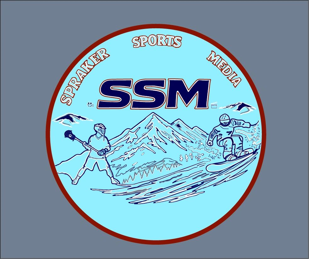 Logo with mountain, lacrosse player, snowboarder, and text 'SPRAKER SPORTS MEDIA SSM'.