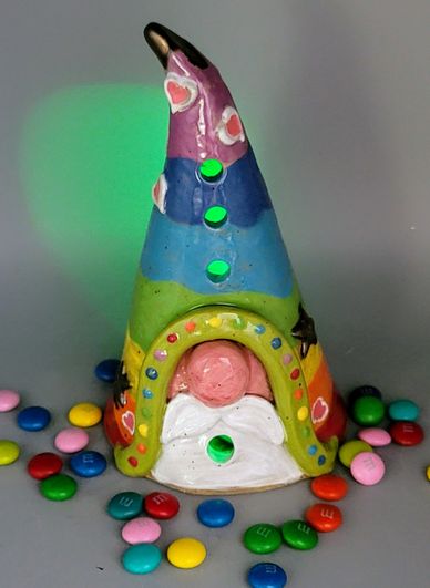 Colorful gnome figurine surrounded by multicolored candies.