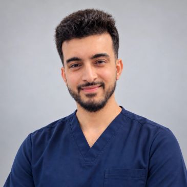 Man wearing navy blue scrubs smiling at the camera.