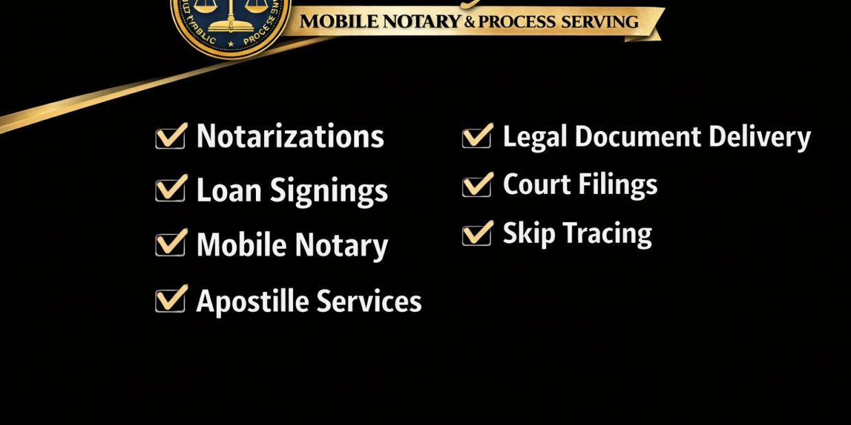 Services offered include notarizations, loan signings, mobile notary, and legal document delivery.