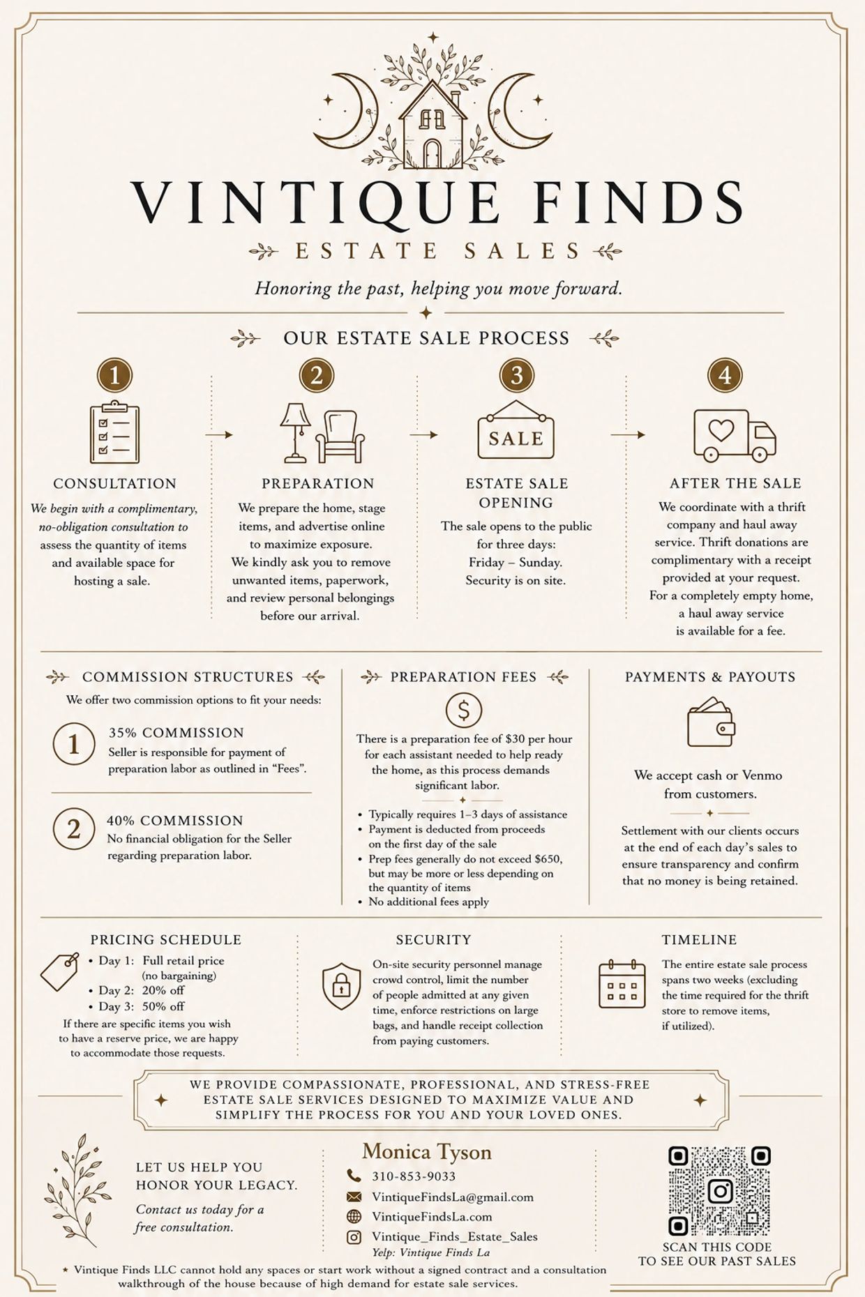 Vintique Finds Estate Sales offers a detailed, compassionate estate sale process with consultation, preparation, sale, and post-sale services.