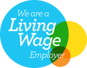 Logo stating 'We are a Living Wage Employer' with colorful overlapping circles.