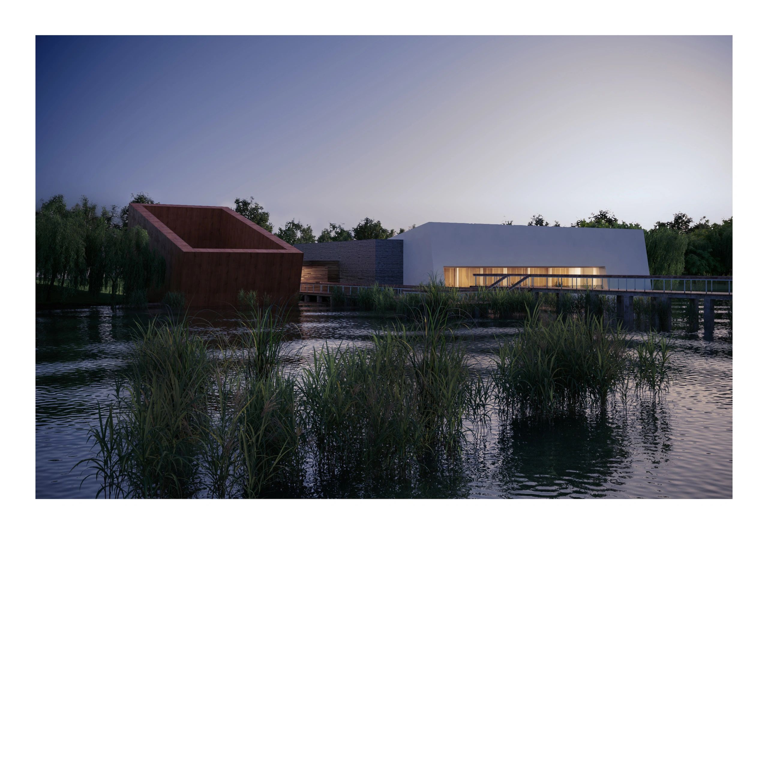 Modern building by water with green reeds and evening lighting.