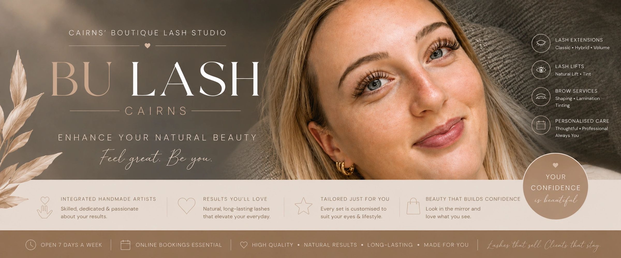 Elegant beauty studio ad featuring lash and brow services.