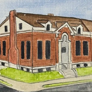 Watercolor painting of a red brick building with a chimney and stairs.