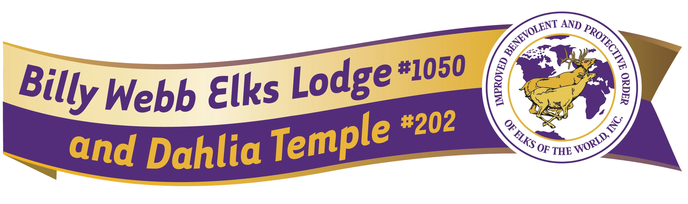 Ribbon banner for Billy Webb Elks Lodge #1050 and Dahlia Temple #202 with Elks emblem.