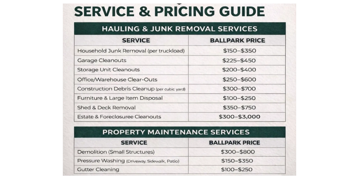Pricing guide for hauling, junk removal, and property maintenance services.