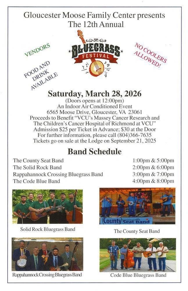 Flyer for the 12th Annual Bluegrass Festival in Gloucester, March 28, 2026.