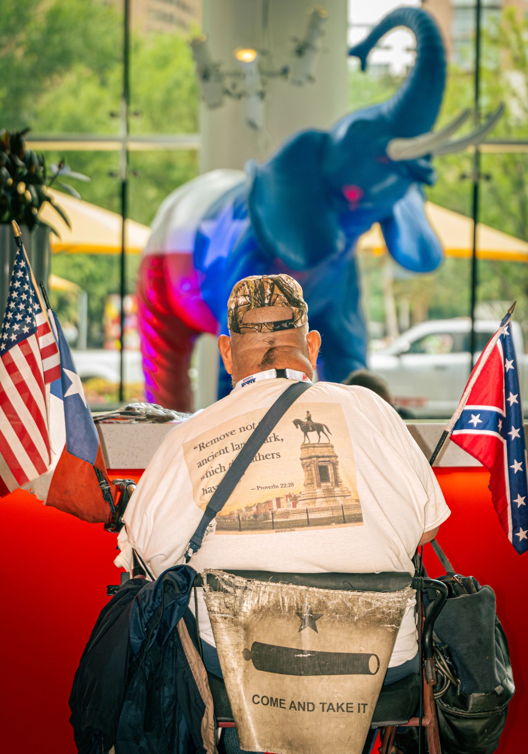 Man in wheelchair with political flags and a blue elephant statue in the background.