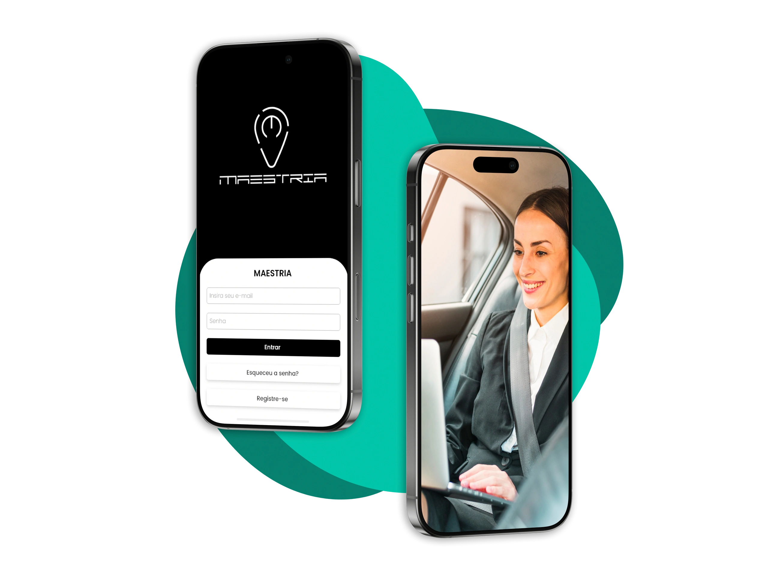 App Maestria — tela de login e passageira no carro