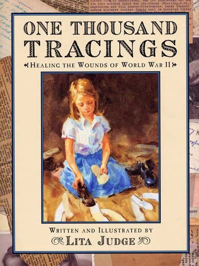 Book cover of 'One Thousand Tracings' by Lita Judge with a girl holding shoes.