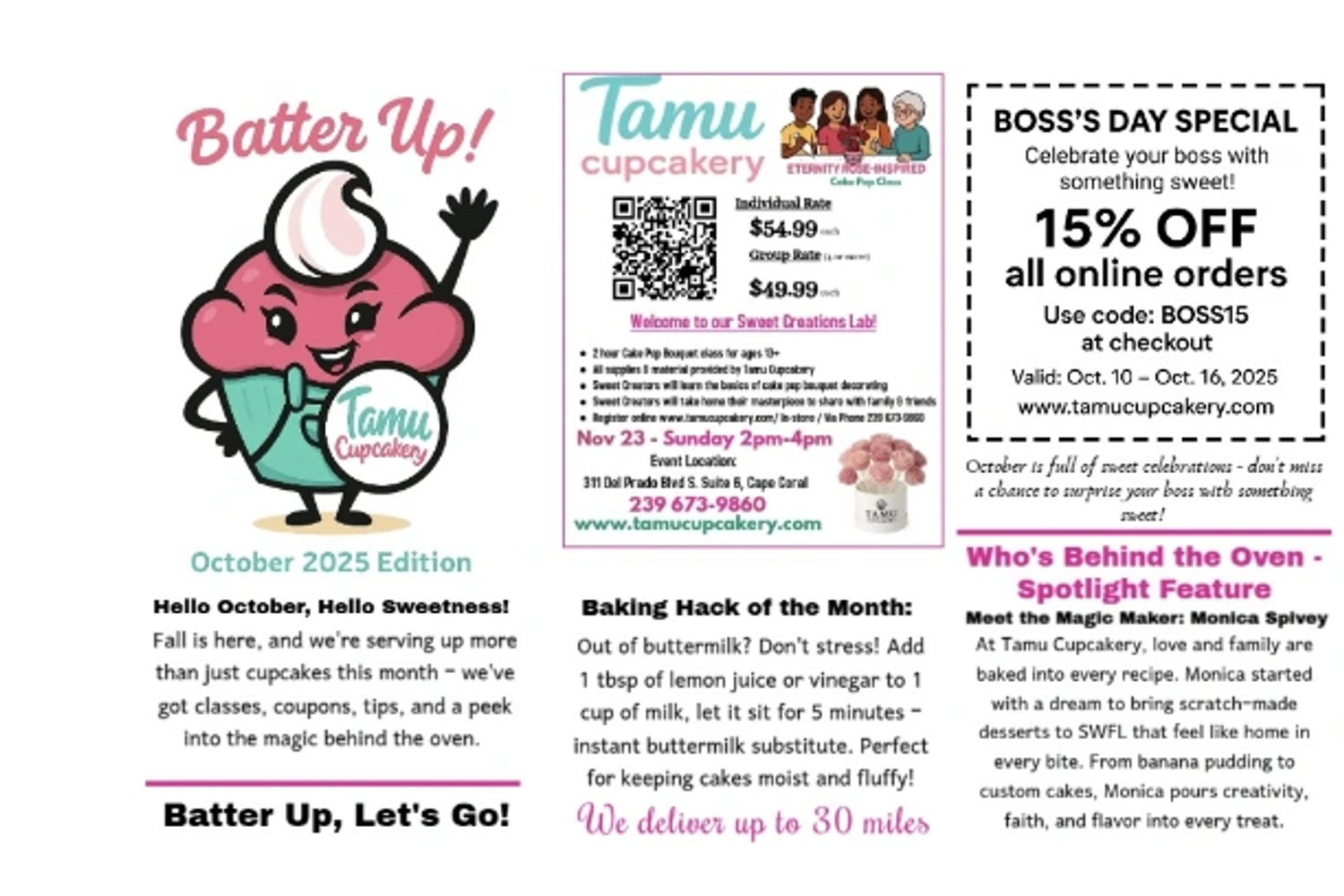 October 2025 edition of Tamu Cupcakery's Batter Up newsletter with baking tips and a special discount.