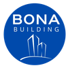Modern blue and white logo for Bona Building with stylized skyscrapers.