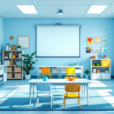 Bright, colorful classroom with small desks and chairs, a projector screen, and educational wall art.