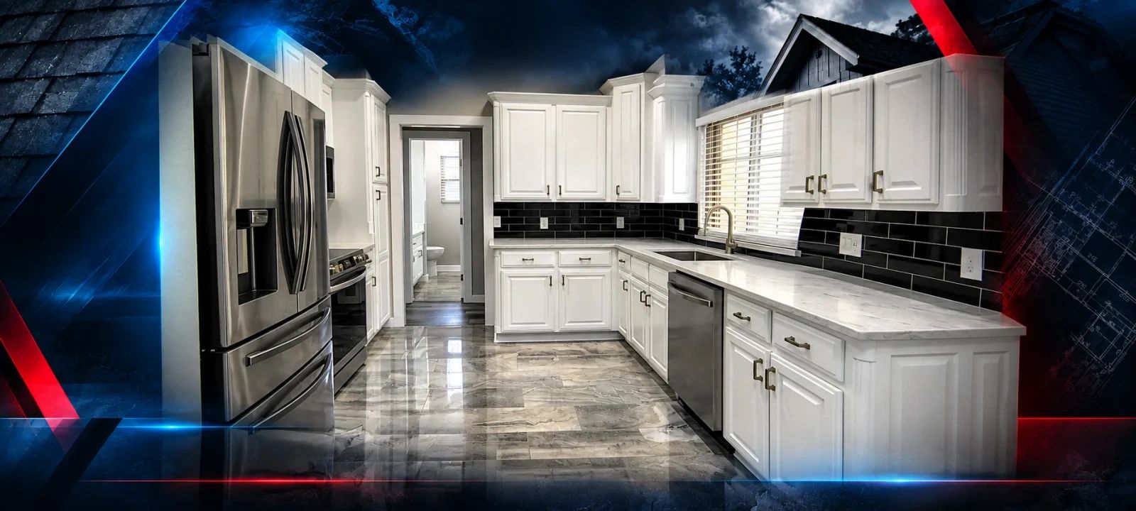 Kitchen remodeling in Edmond, OK with white cabinets, quartz countertops and black tile backsplash.