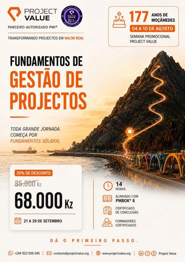 Promotion for a project management fundamentals course with discount in Moçâmedes.