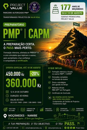 Promotional flyer for PMP and CAPM exam prep in Moçâmedes with special discount.