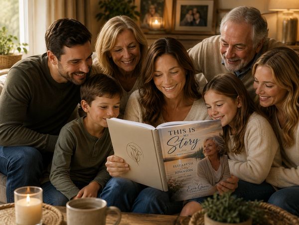 Family gathered, reading a book together cheerfully.