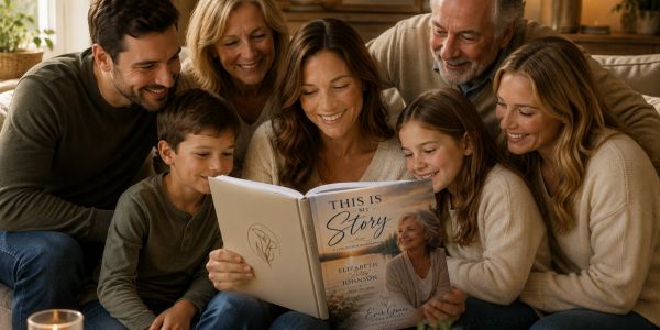 Family reading a personalized storybook together.
