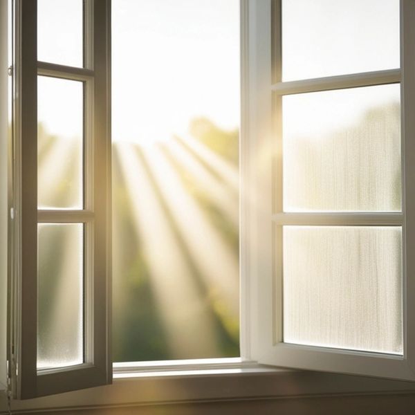 rays of light are coming through an open casement window with sash that swing into the interior