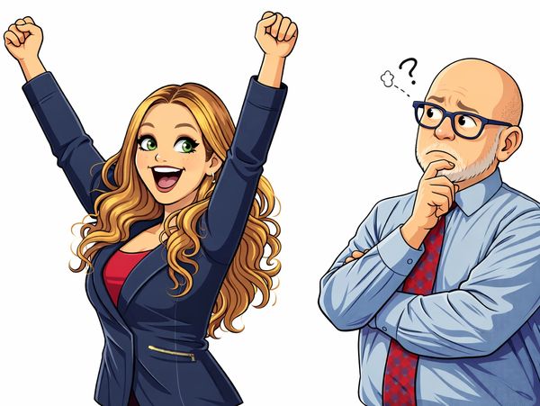 a cartoon of exuberant Kristal, both hands up, cheerleader-style, while JP looks on, puzzled.