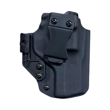 Black polymer gun holster with belt clip and screws.