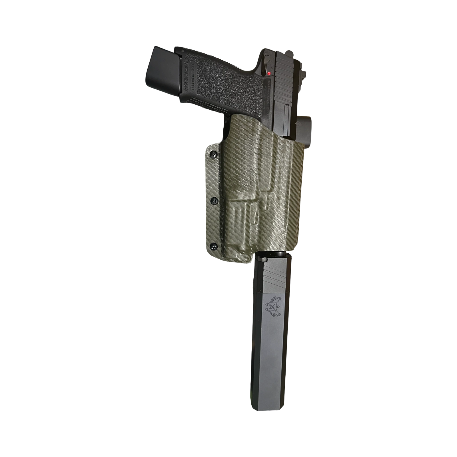 Handgun with an extended magazine in a textured holster on black.