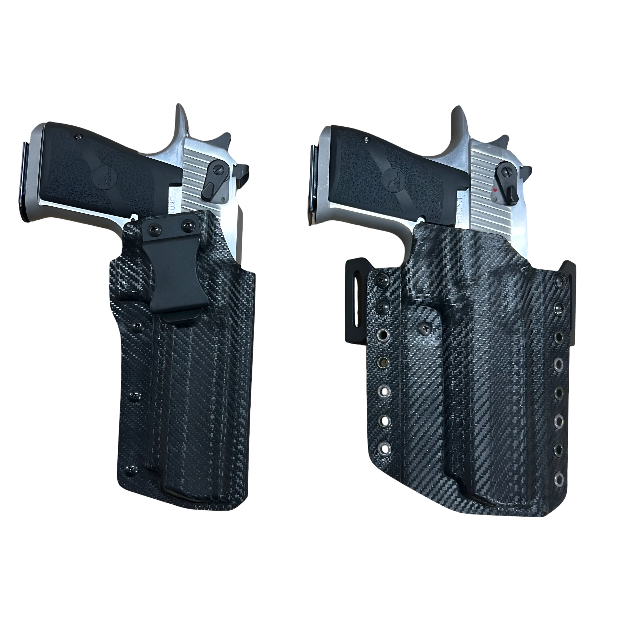Two handguns with textured black grips in carbon fiber holsters.