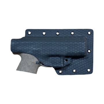 Handgun holster with a textured grip and black cover.