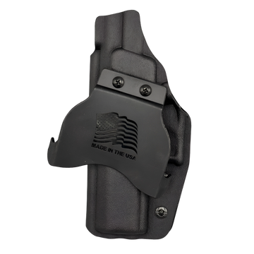 Close-up of a black leather holster with a "Made in the USA" emblem.