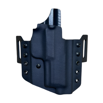 Black tactical holster with screws and belt attachments.