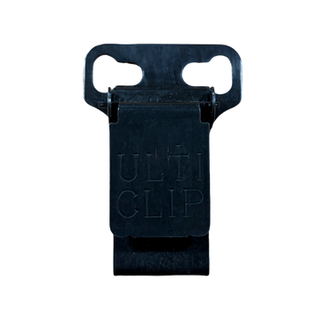 Close-up of a black metal clip with 'ULTI CLIP' engraved.