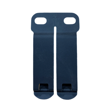 Close-up of a black metal bracket with two elongated holes and a spider logo.