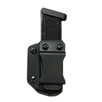 Black firearm magazine in a textured holster with screws.