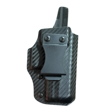 Black carbon fiber gun holster with clip attachment.